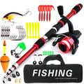 Children's beginner fishing rod kit with a blue pole and matching reel on a green background.