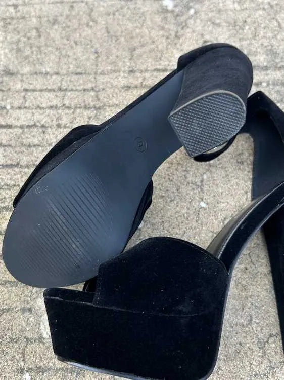 Black women's 13cm chunky heel platform sandals with suede upper and ankle-strap buckle
