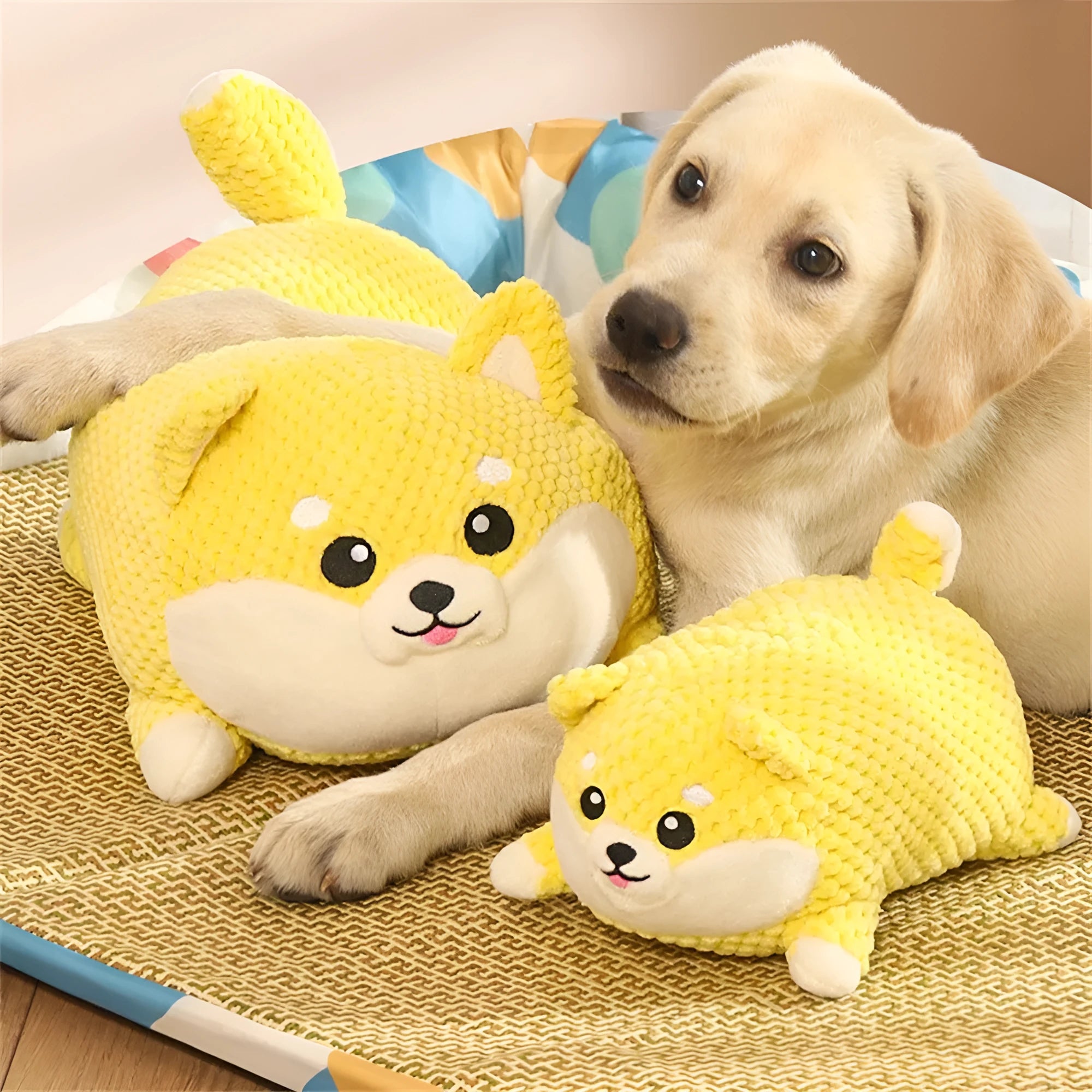 Plush dog calming toy with squeaker for puppy teeth cleaning in medium or large size