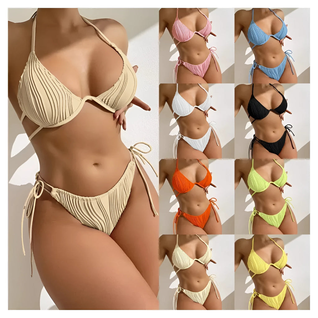 Women's apricot coloured bikini swimsuit with steel bracket underwire on a mannequin