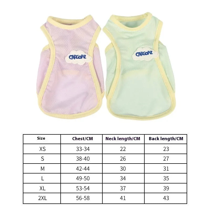Grass green thin polyester vest for a cat on a white background, showing anti-lint sports style.