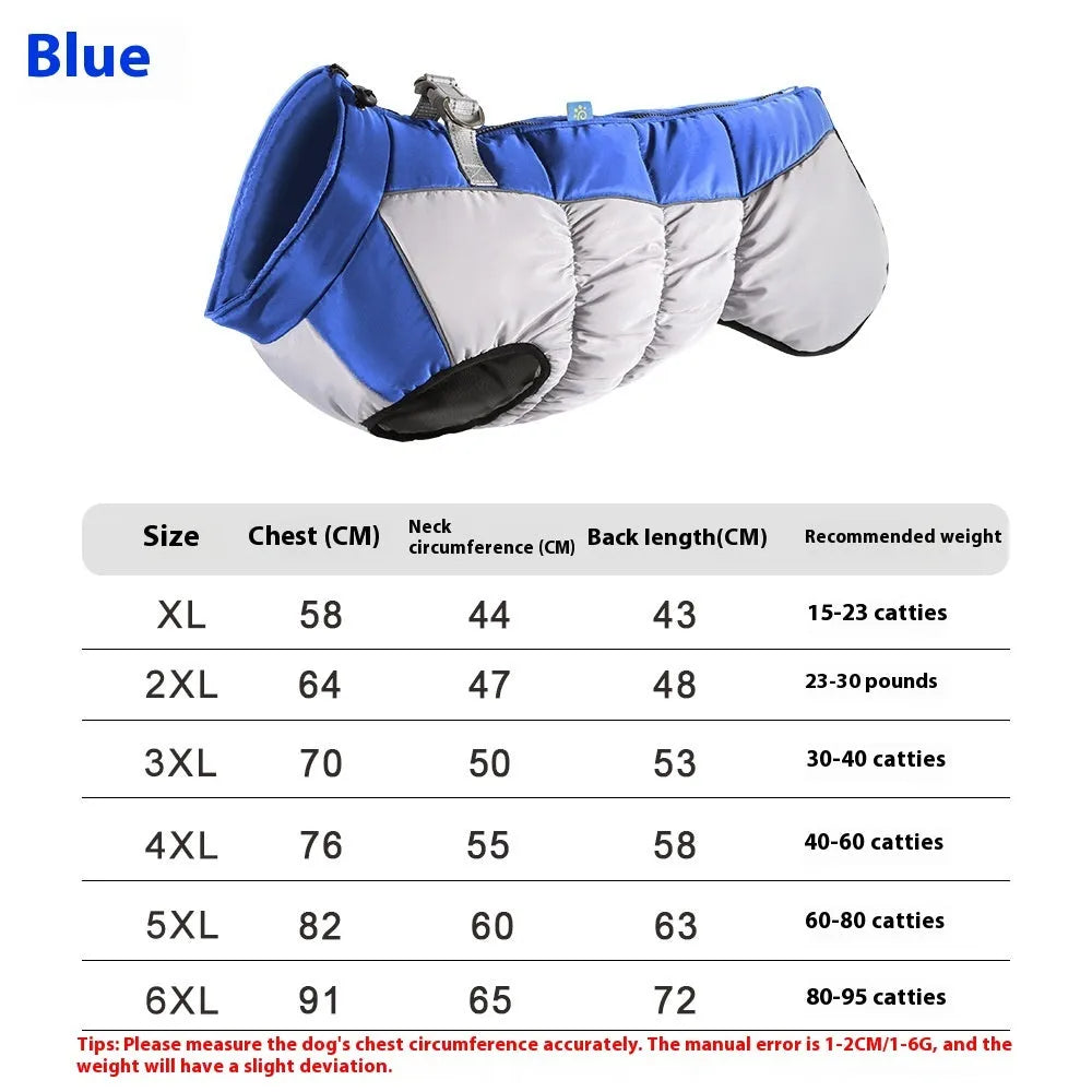 Large dog wearing reflective waterproof winter coat in polar fleece material