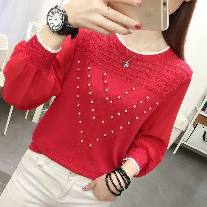Womens chiffon ice silk knitted bottoming shirt long sleeve round neck loose fit in black