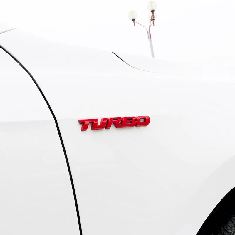 3D TURBO stereo car sticker in zinc alloy with raised letter design, available in black, red, and silver colours