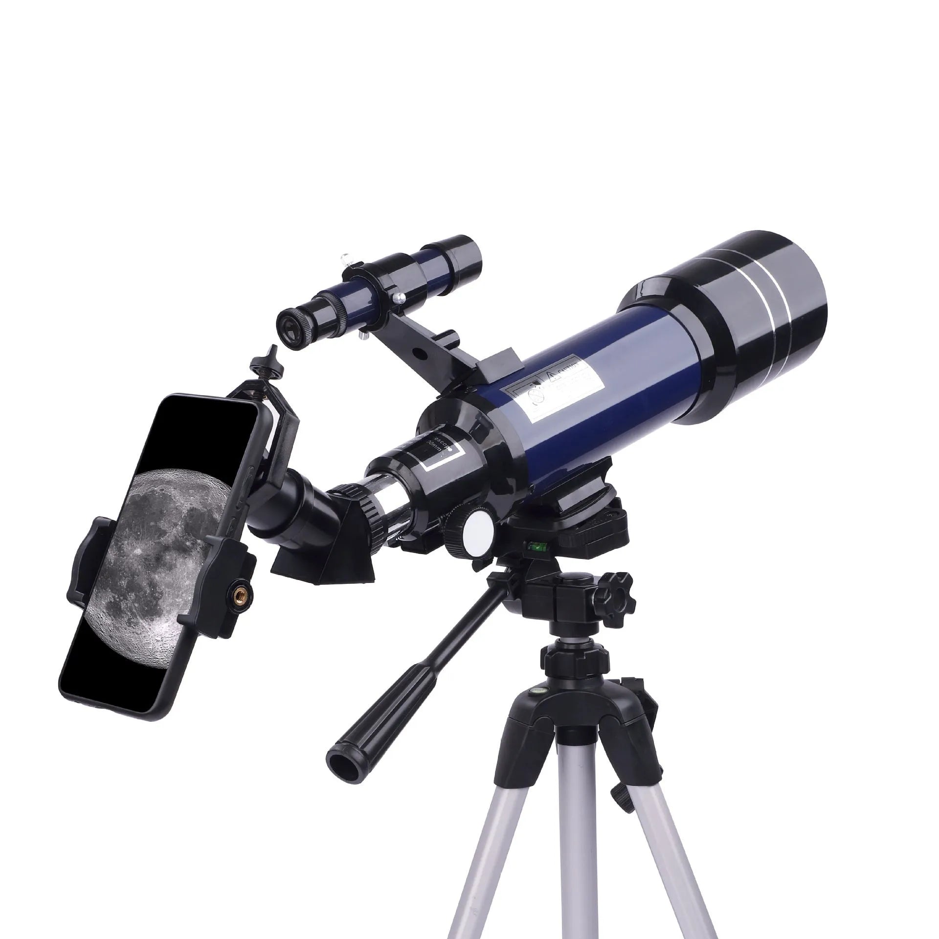 Dark blue children's monocular astronomical telescope with 16X-66X magnification on a tripod.