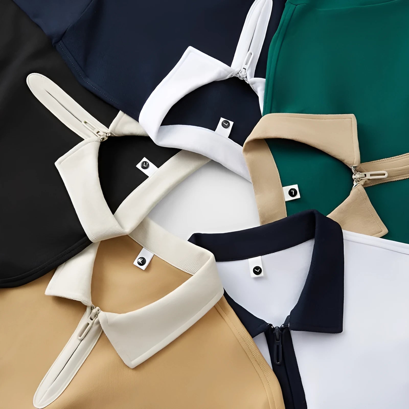Man wearing a solid colour polo shirt with a zip-up lapel collar and short sleeves.