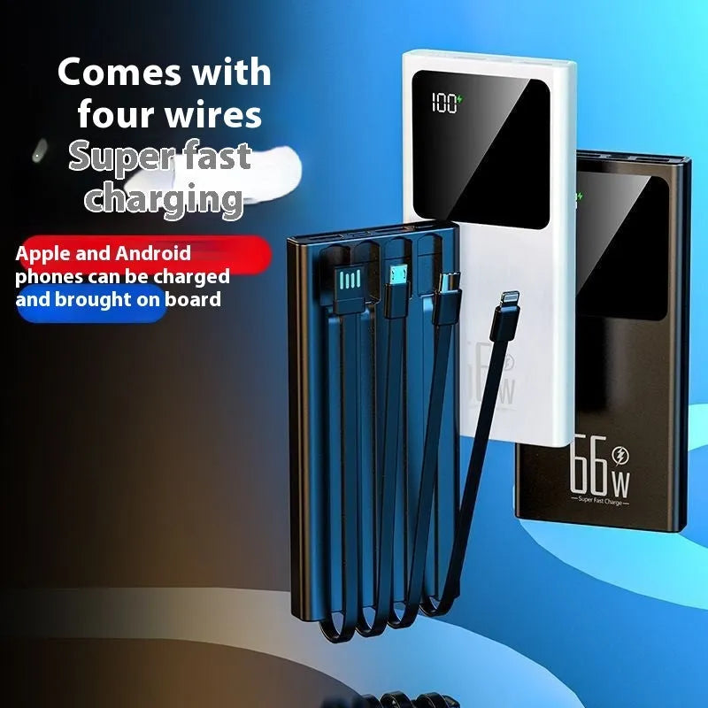 Ultra-thin portable mini power bank in black, white, purple, or blue, 145 x 68 x 15mm, plastic shell, fast charging.