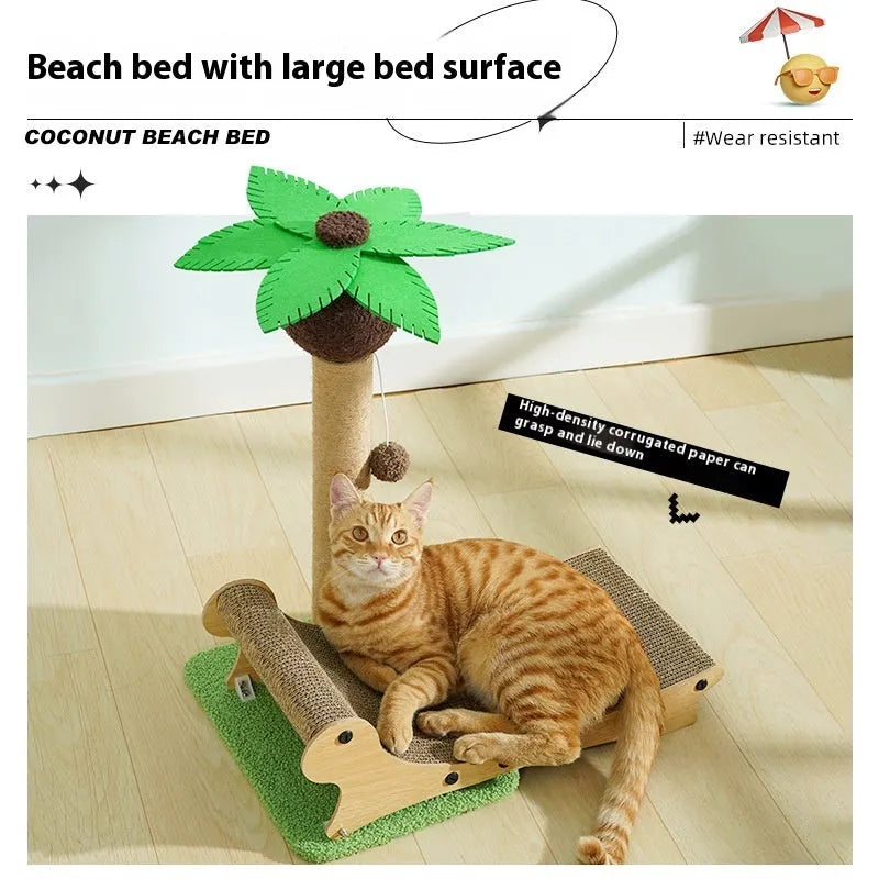 Wooden beach chair-shaped cat climbing frame with a scratch board and a light-coloured hemp mat.
