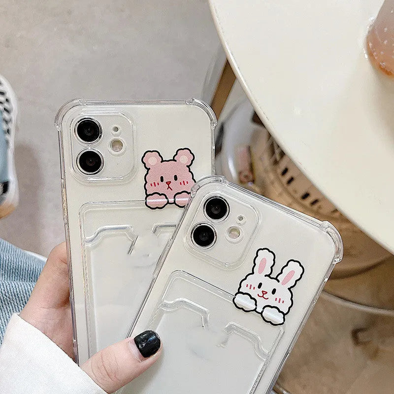 Cartoon design transparent TPU iPhone case with a built-in card holder slot on the back.