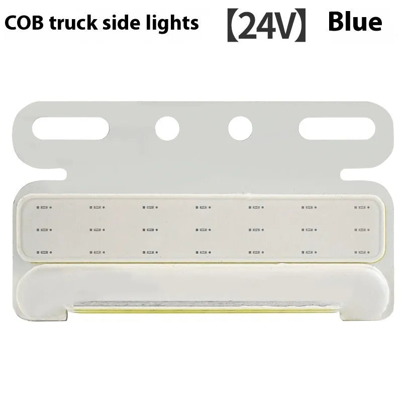 IP68 waterproof COB LED truck side light with aluminium alloy housing, shown in multiple colours.