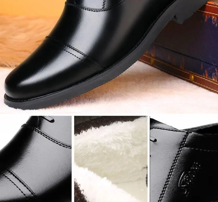 Winter real leather fleece lining men's casual cotton shoes black colour with rubber sole