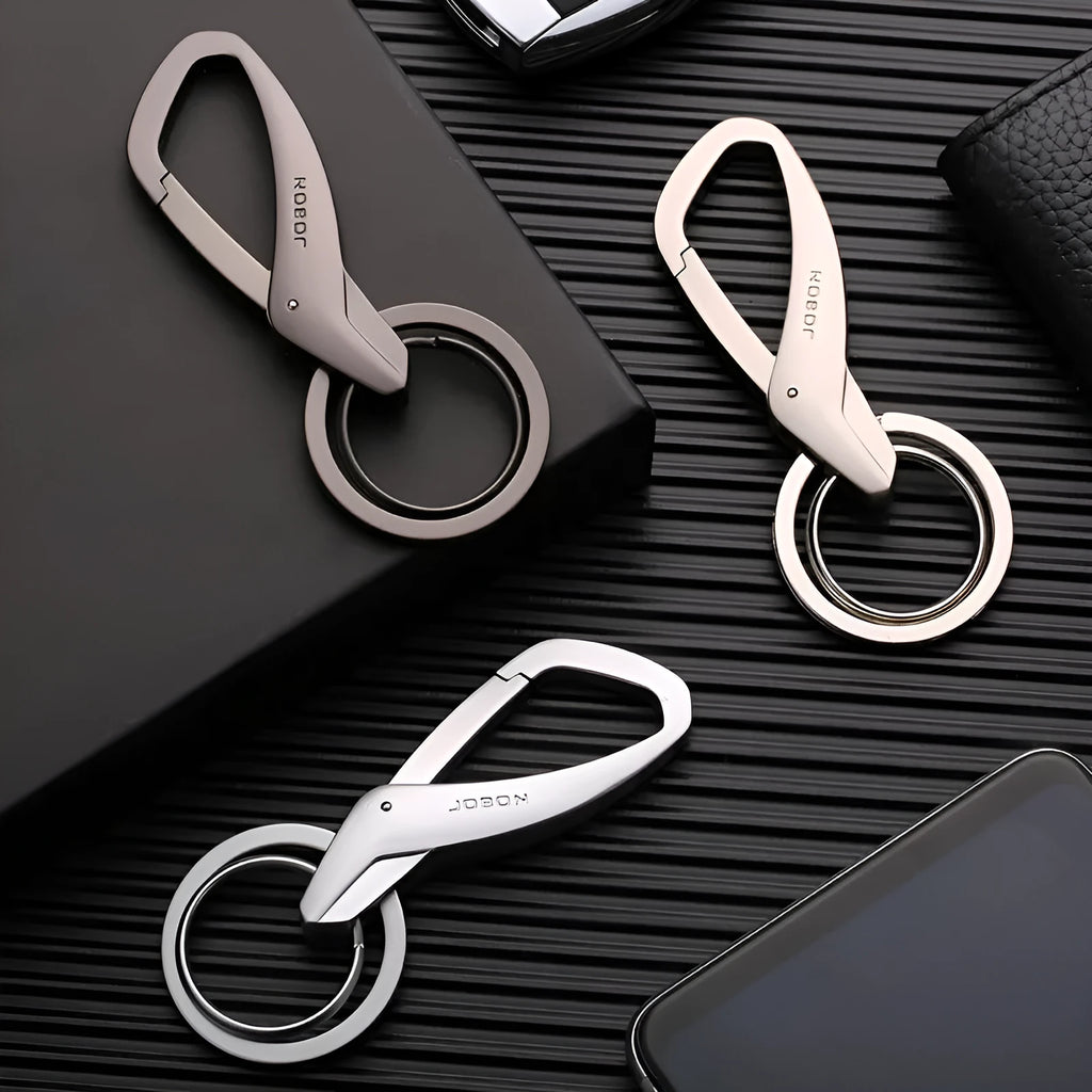 Zinc alloy car key waist hanging double ring keychain in black, chrome, or nickel colour, measuring 8.3 by 3.5 cm.
