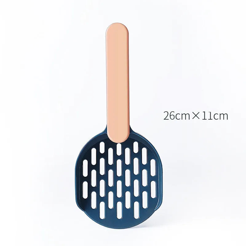 Blue plastic cat litter shovel for cleaning litter boxes measuring 26.6cm long