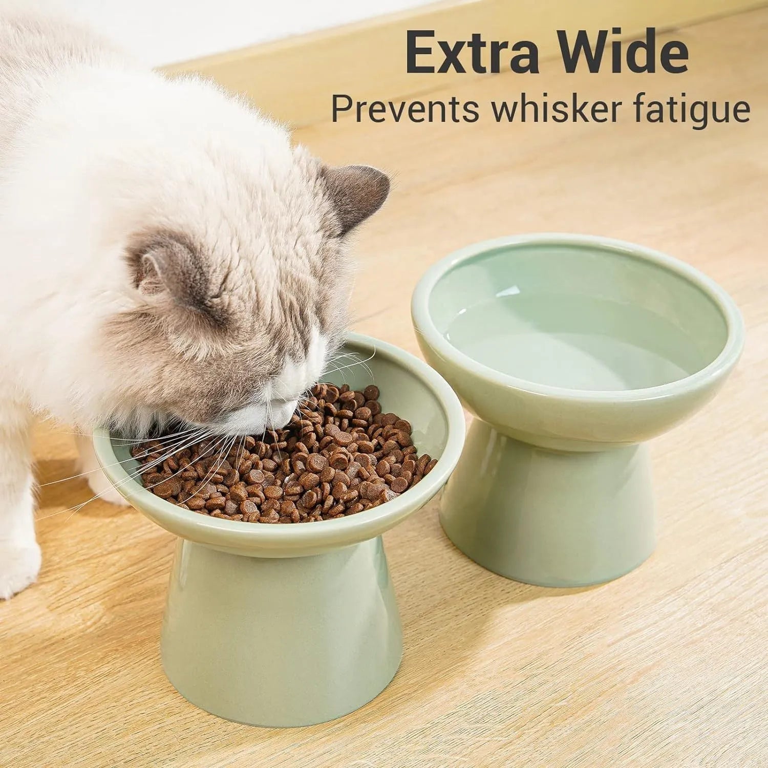 Ceramic elevated cat food bowl set in blue green pink or white colours with wide shallow design