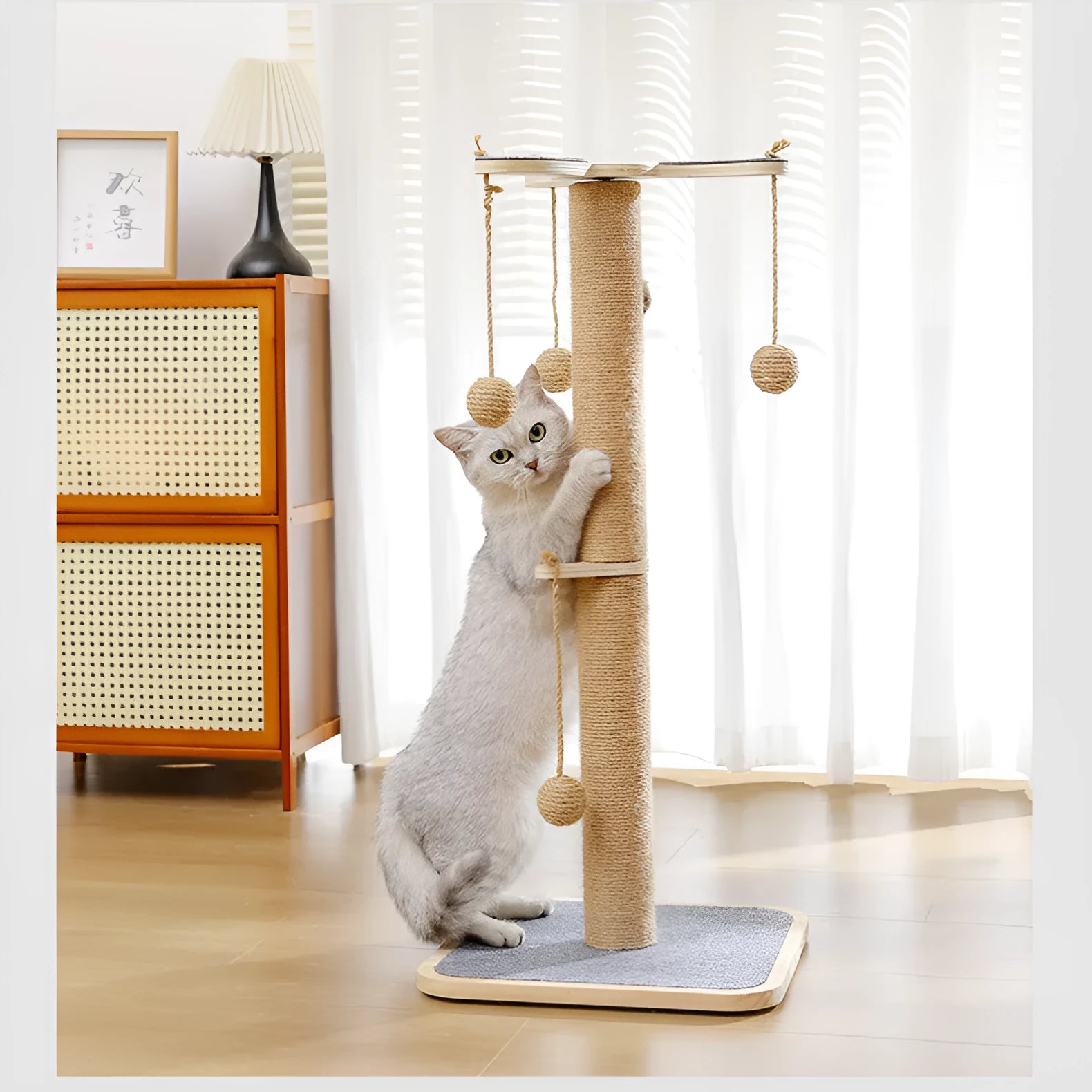 Simple style pine wood cat climbing frame with carpet leather scratching post and dangling windmill ball toy.