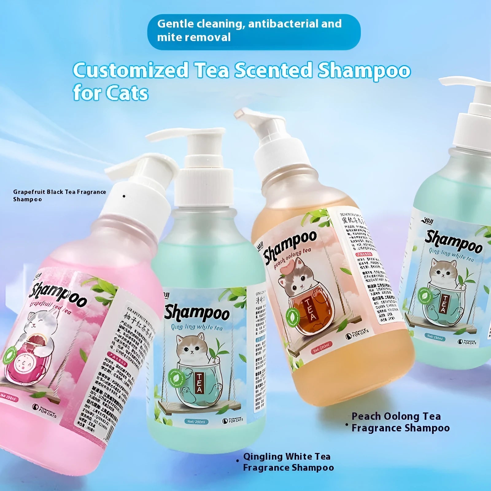 Cat Universal Bath Lotion 280ml cat shampoo with anti-mite sterilisation, available in Peach Oolong, Grapefruit Black, and Qingling White Tea