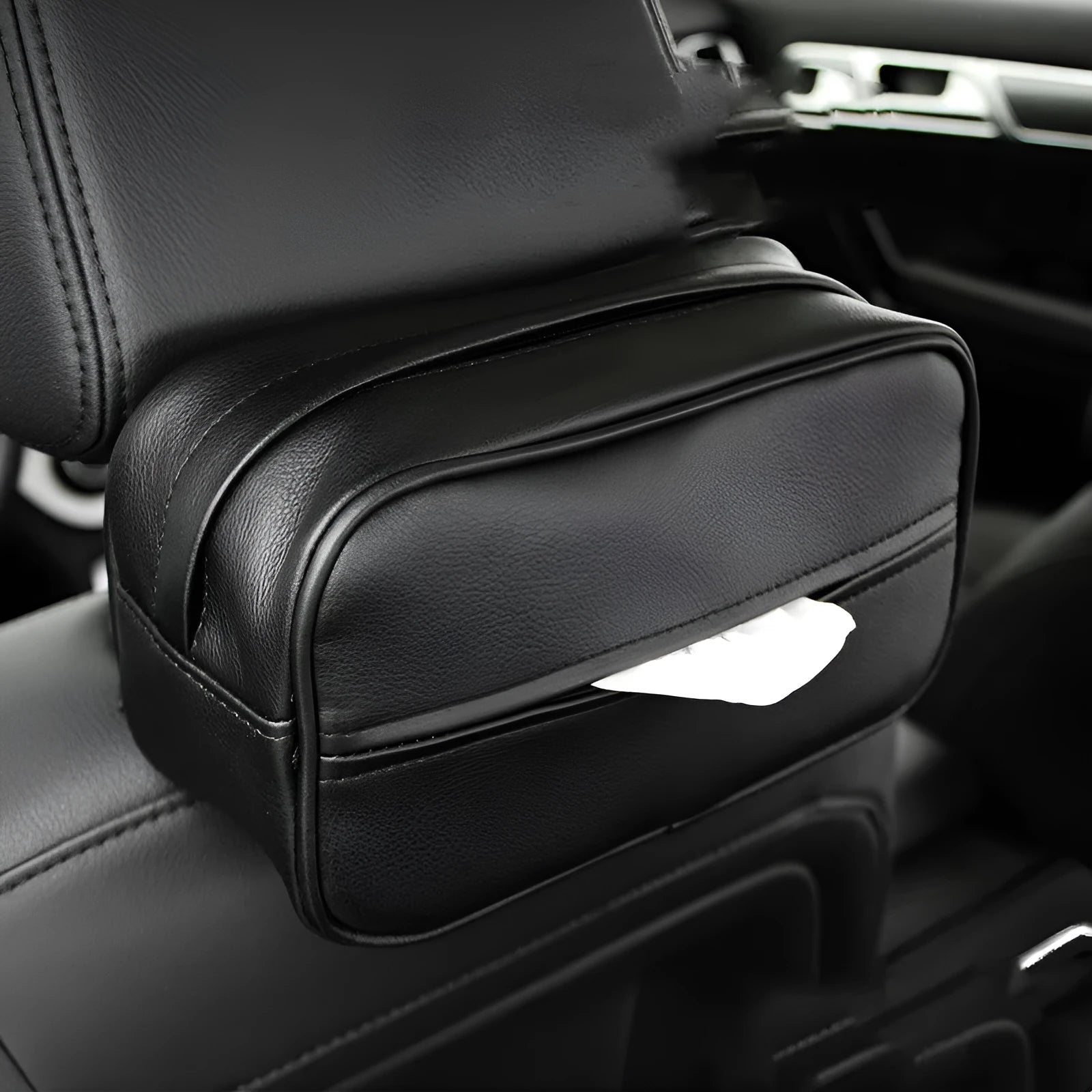 Black and beige PU leather car hanging storage box for organisation.