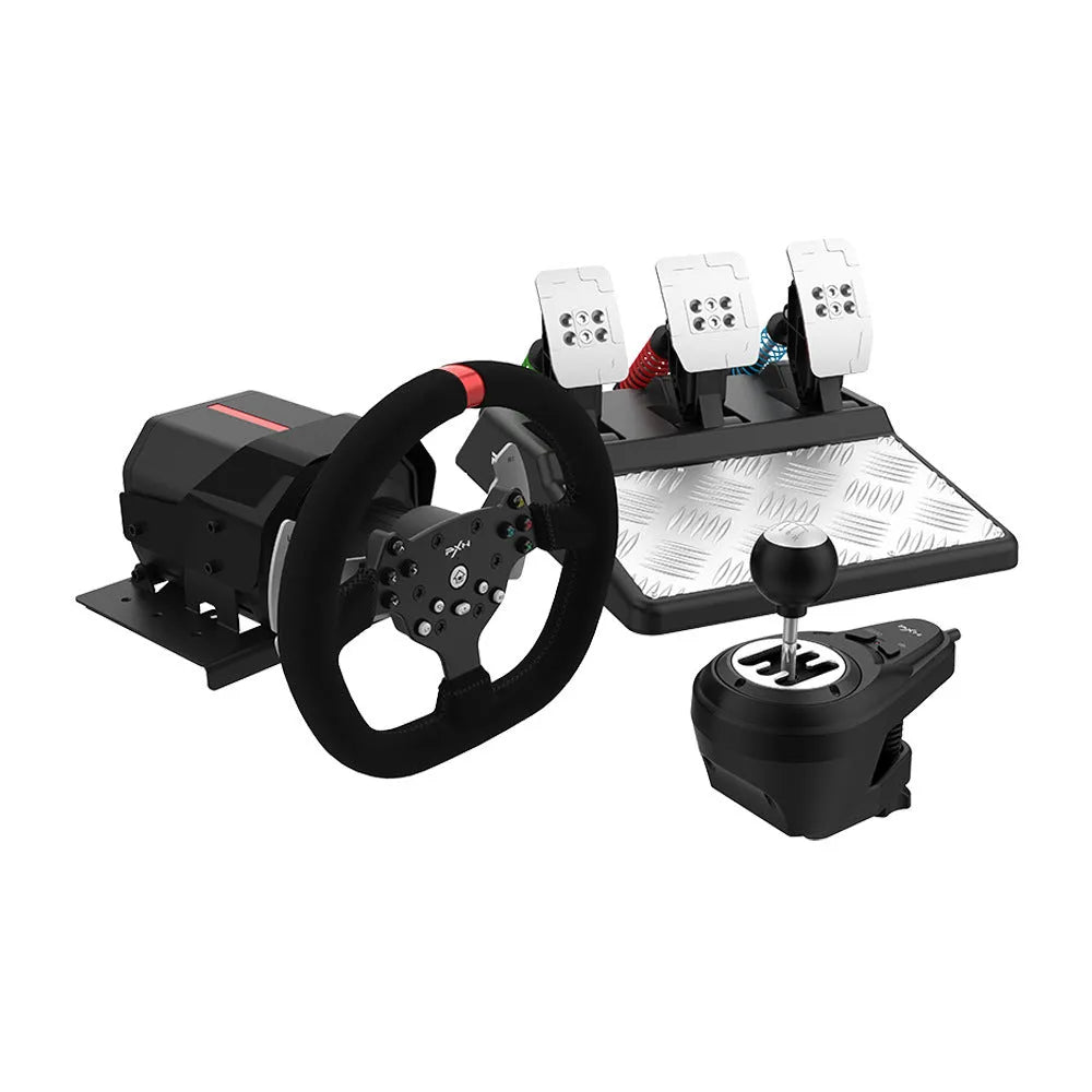 PXN V10 force feedback racing game steering wheel with black rim and red accents, compatible with PC and consoles