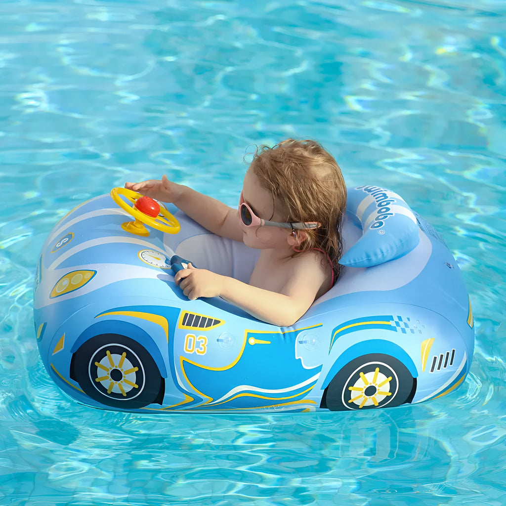 Pink inflatable car-shaped swimming ring with cartoon sports boat design for children.
