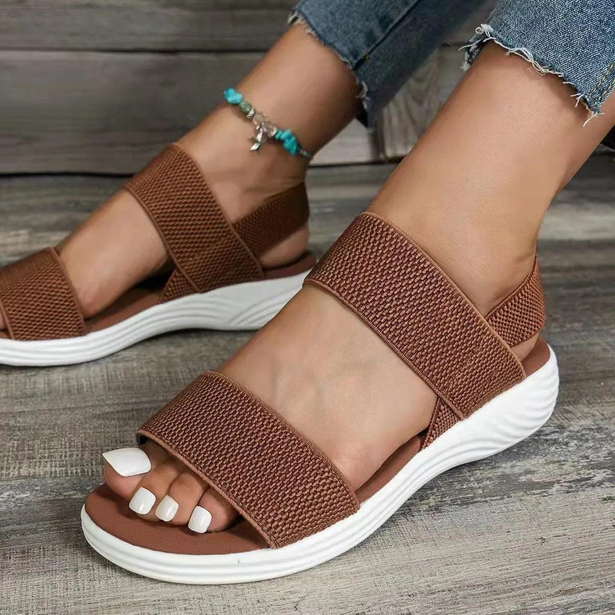 Women's platform beach sandals double strap Roman style round toe faux leather solid colour black elastic slip on shoe