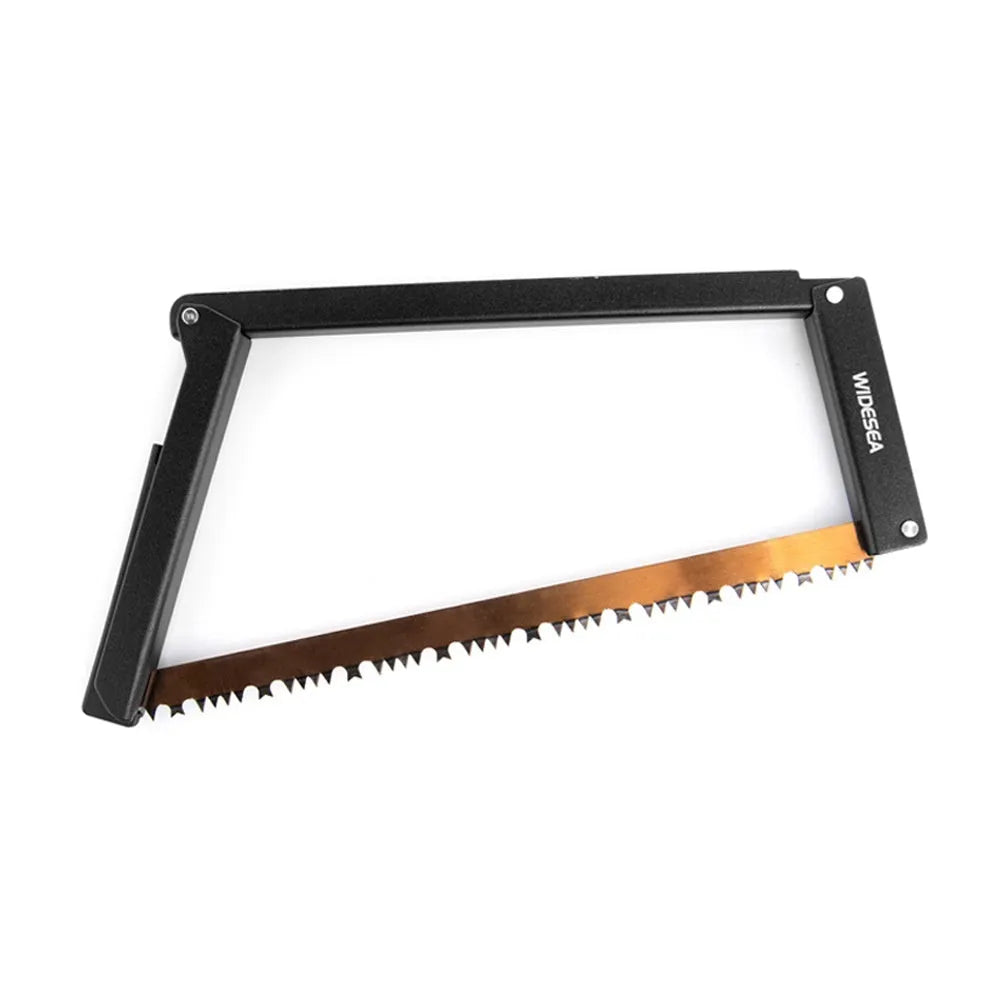 Black foldable outdoor saw with aluminium and nylon handle, blade extended.