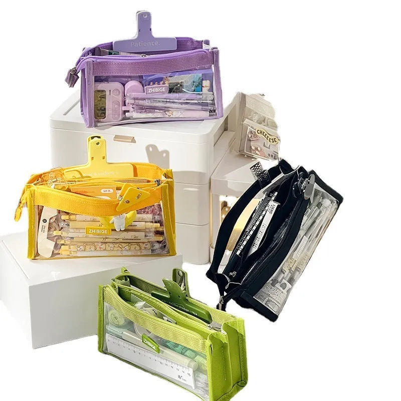 Transparent non-woven fabric pen bag for primary school with capacity for 80 writing instruments