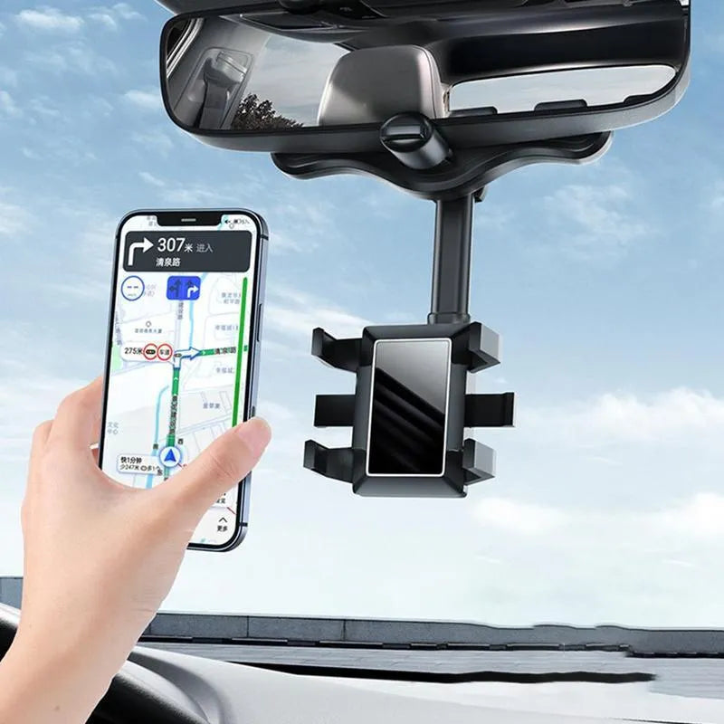 Black rearview mirror phone holder with 360° rotation and telescopic arm extended
