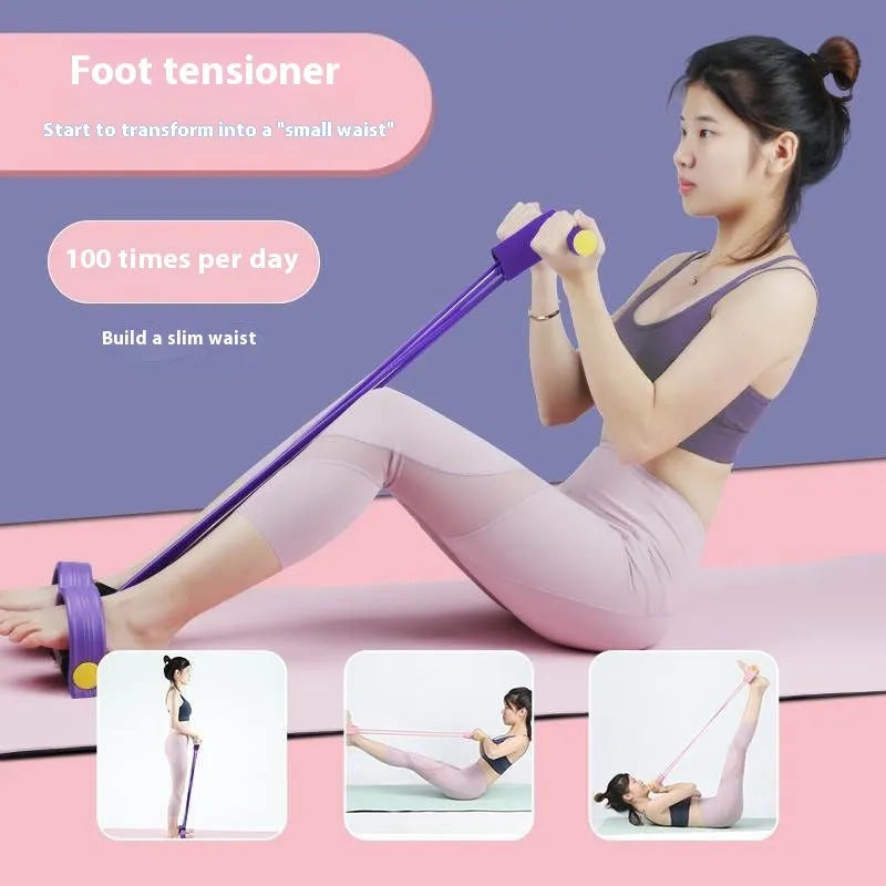 Yoga four piece fitness set showing leg stretcher, yoga ring, pedal device, and resistance ropes.