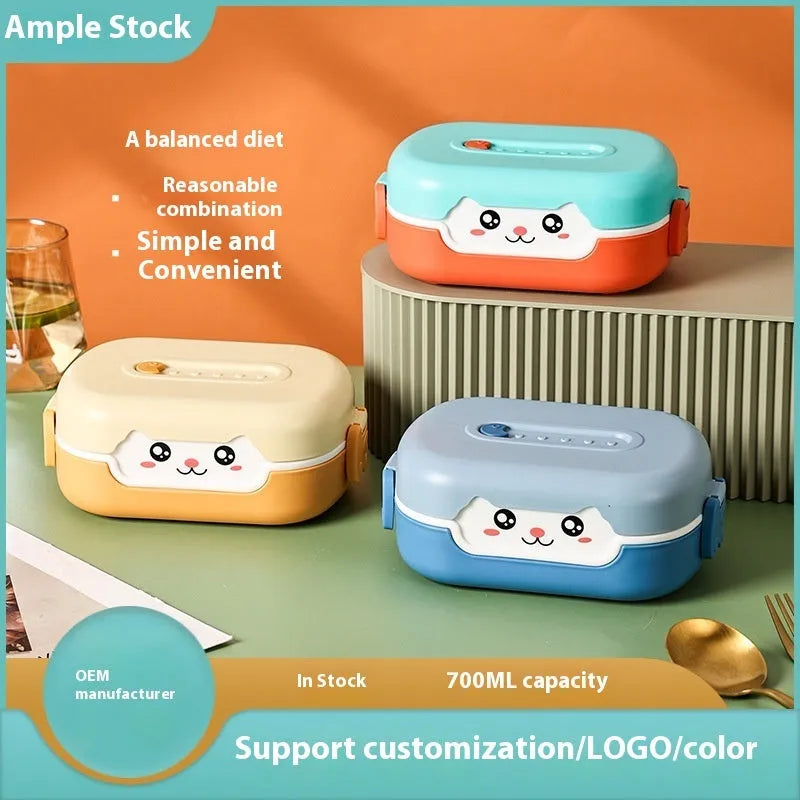 Square divided plastic lunch box in solid colour options of dark blue, pink and green, or orange yellow.