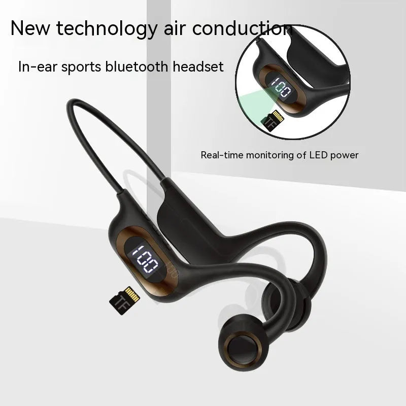 Bone conduction Bluetooth headset in black with plastic build, open ear design, and USB-C charging port