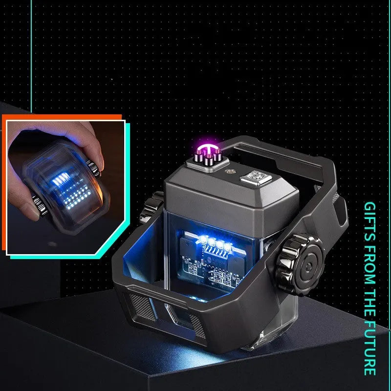 Blue windproof USB-C rechargeable Pulse Lighter with a visible double arc and mechanical gyroscope detail.