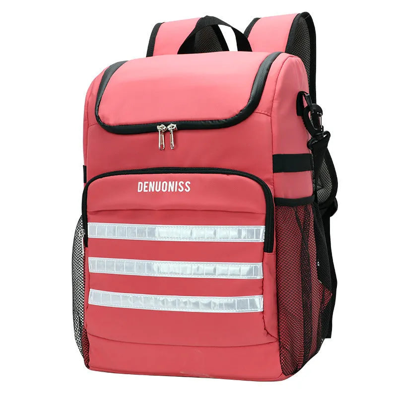 Cloth backpack with integrated bottle opener on shoulder strap, shown in available colours.