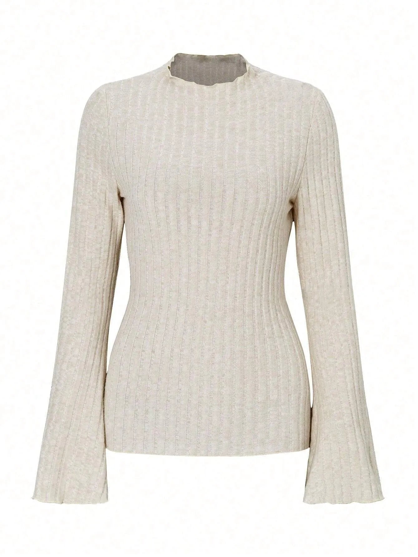 Long sleeve round neck slim fit top in black with lantern sleeves and a subtle sunken stripe pattern.