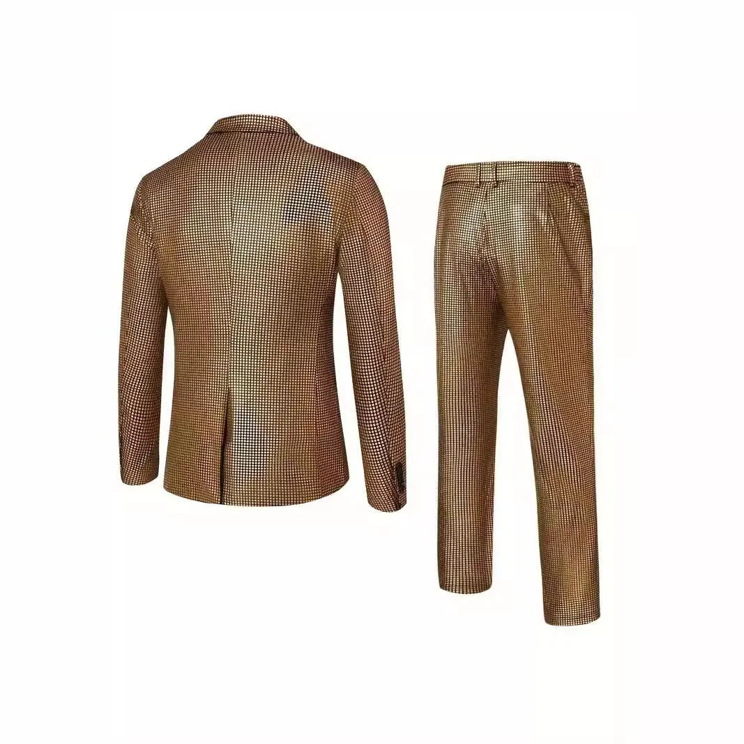 Two-piece sequin dress set in brown with matching coat and trousers for wedding host party performance