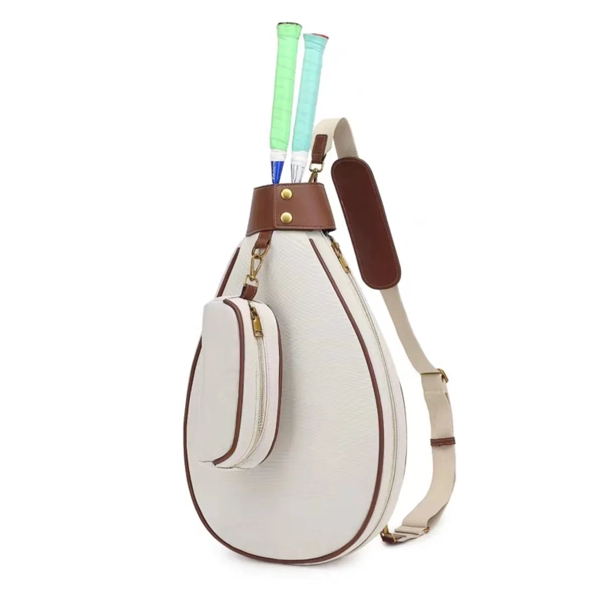Women's retro style leather one-shoulder badminton bag shown in multiple colour options.