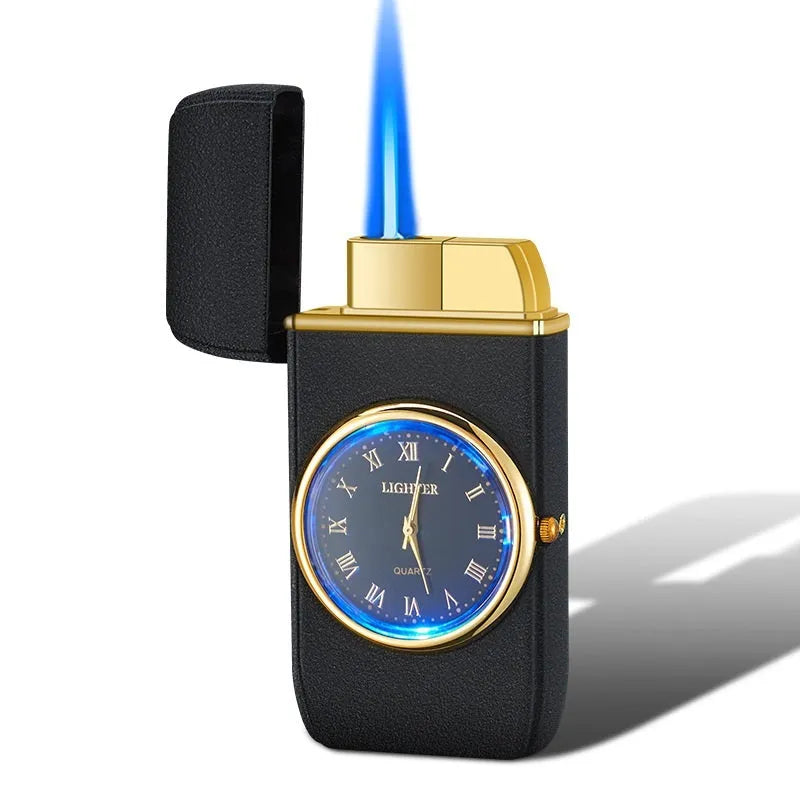 Multifunctional metal electronic watch lighter with LED flash light in various brushed and textured finishes.