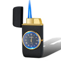 Electronic gas cigarette lighter with LED watch display in metallic finishes