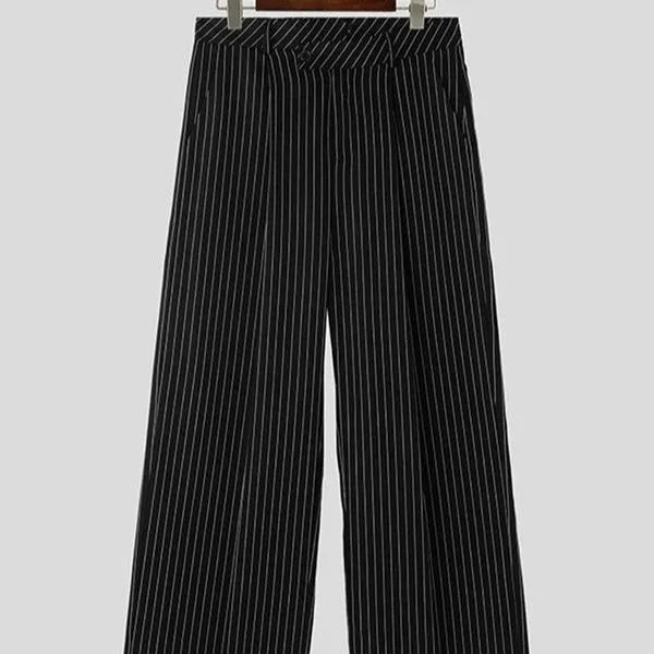 Black men's vertical striped pleated casual trousers with elasticated waist