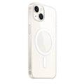 Clear magnetic back cover case for iPhone on a table next to a MagSafe charger.