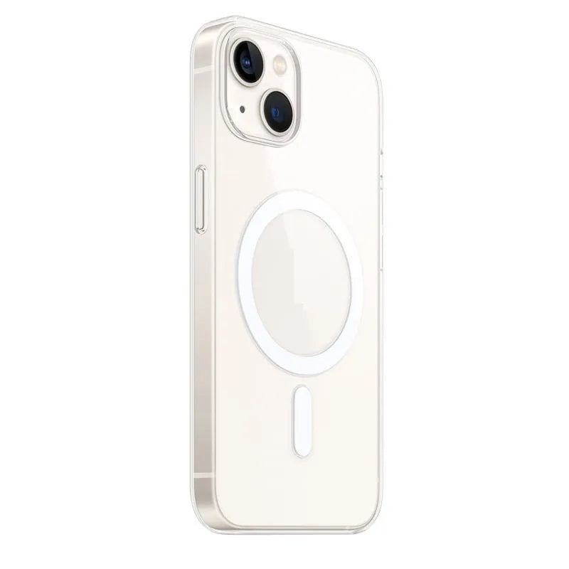 Clear magnetic back cover case for iPhone on a table next to a MagSafe charger.
