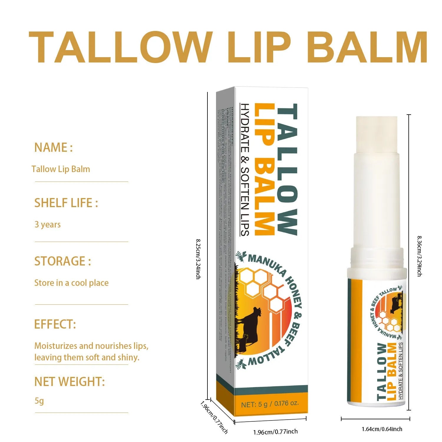 5g tallow lip balm stick in 83mm tall protective rectangular case