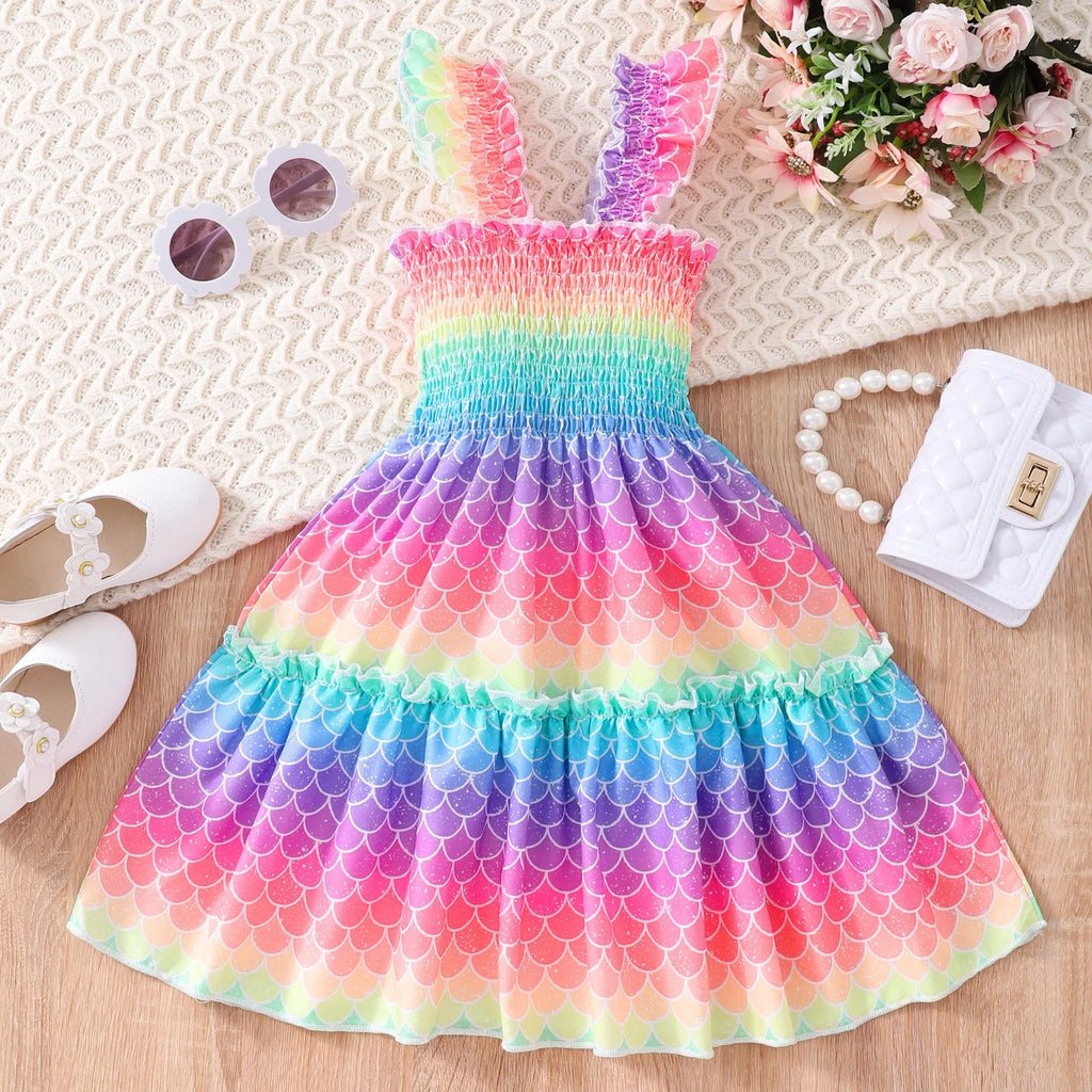 Children sleeveless smocking leopard print rainbow multicolor printed A-line dress on girl aged 4-5 years