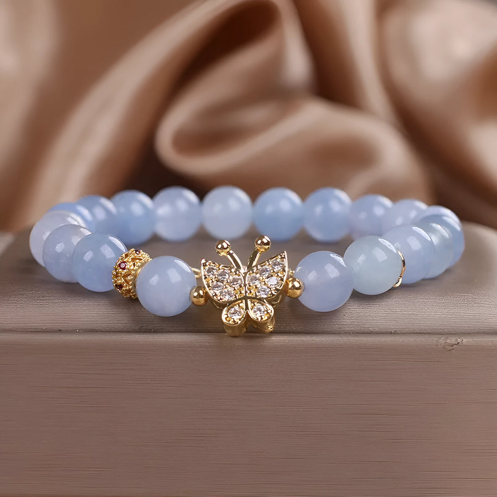 Sky blue aquamarine butterfly crystal bracelet with pearls and rhinestones, 17cm length