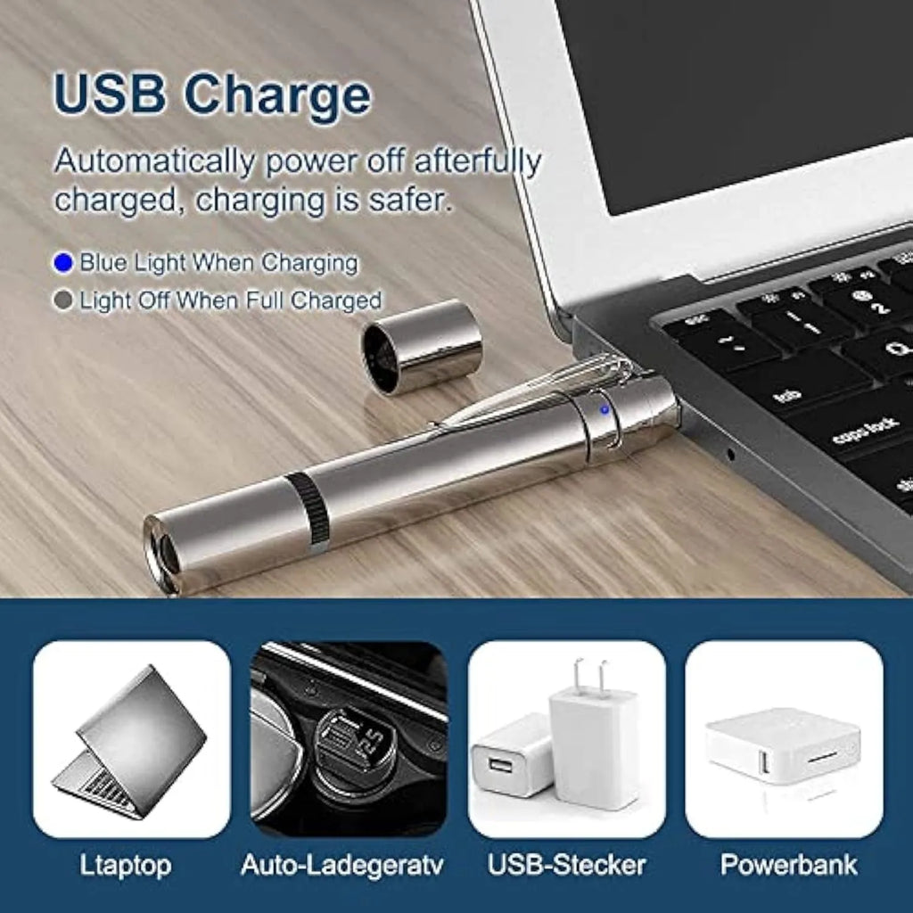 Silver aluminium USB-rechargeable cat laser toy pointer with five pattern options.
