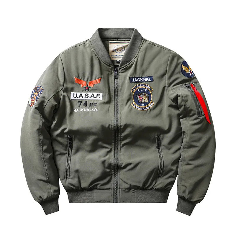A man's slim-fit black retro motorcycle jacket with a stand collar, embroidery detail, and patch pockets.