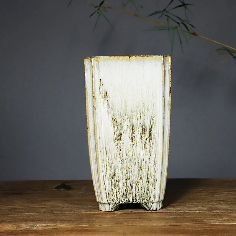 Light colour glazed ceramic flowerpot square sign tube handmade fired Shiwan style indoor plant container