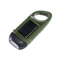 Olive green hand-crank solar LED flashlight with USB charging port on a compact black body.
