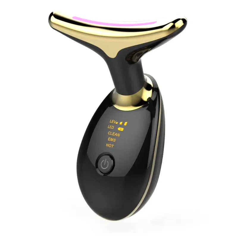 Handheld EMS thermal neck massager with LED lights for facial skincare and wrinkle reduction.