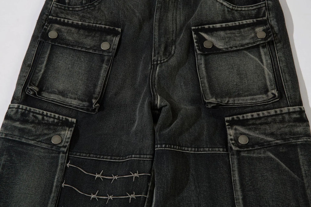 Men's black cotton wide-leg trousers with embroidery detailing and mid waist design