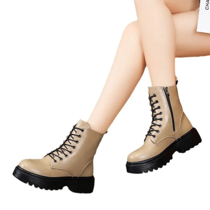 Women's platform lace-up boots in khaki with chunky heel, round toe, and mid-calf shaft